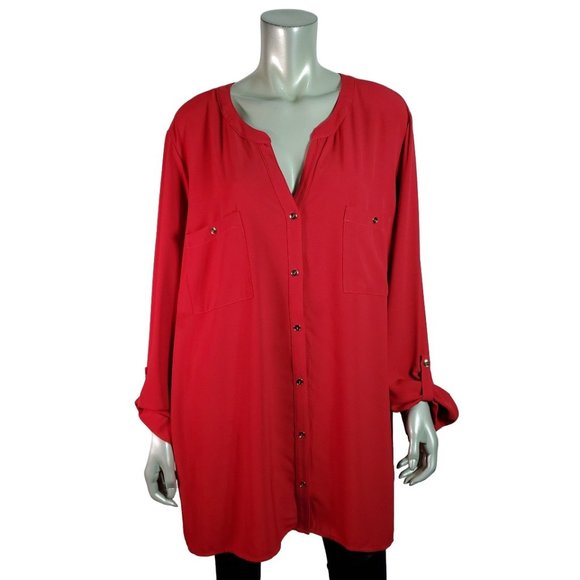 Susan Graver Top Plus Size 28W‎ Tunic Pockets Stretch Tab Sleeve Button Down Red - Picture 1 of 6